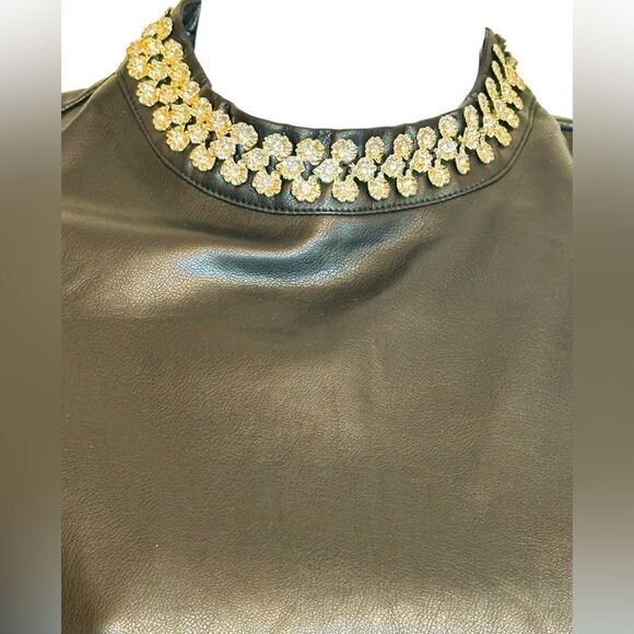 GRACIA Faux Leather Ruffled Sleeve Top In Black Studded Neckline Size Small NWT - Picture 2 of 11